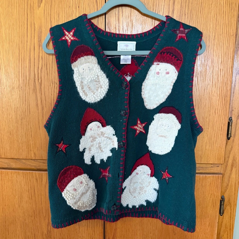 Susan Bristol Green Knit Vest with Santa Designs
